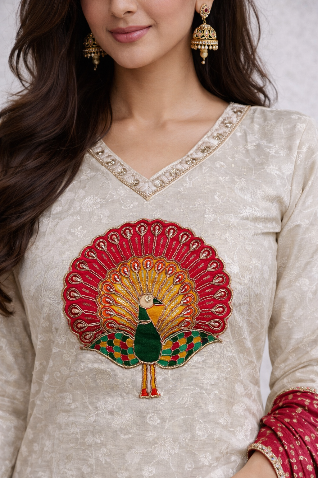 Peacock Self Print Kurta Set