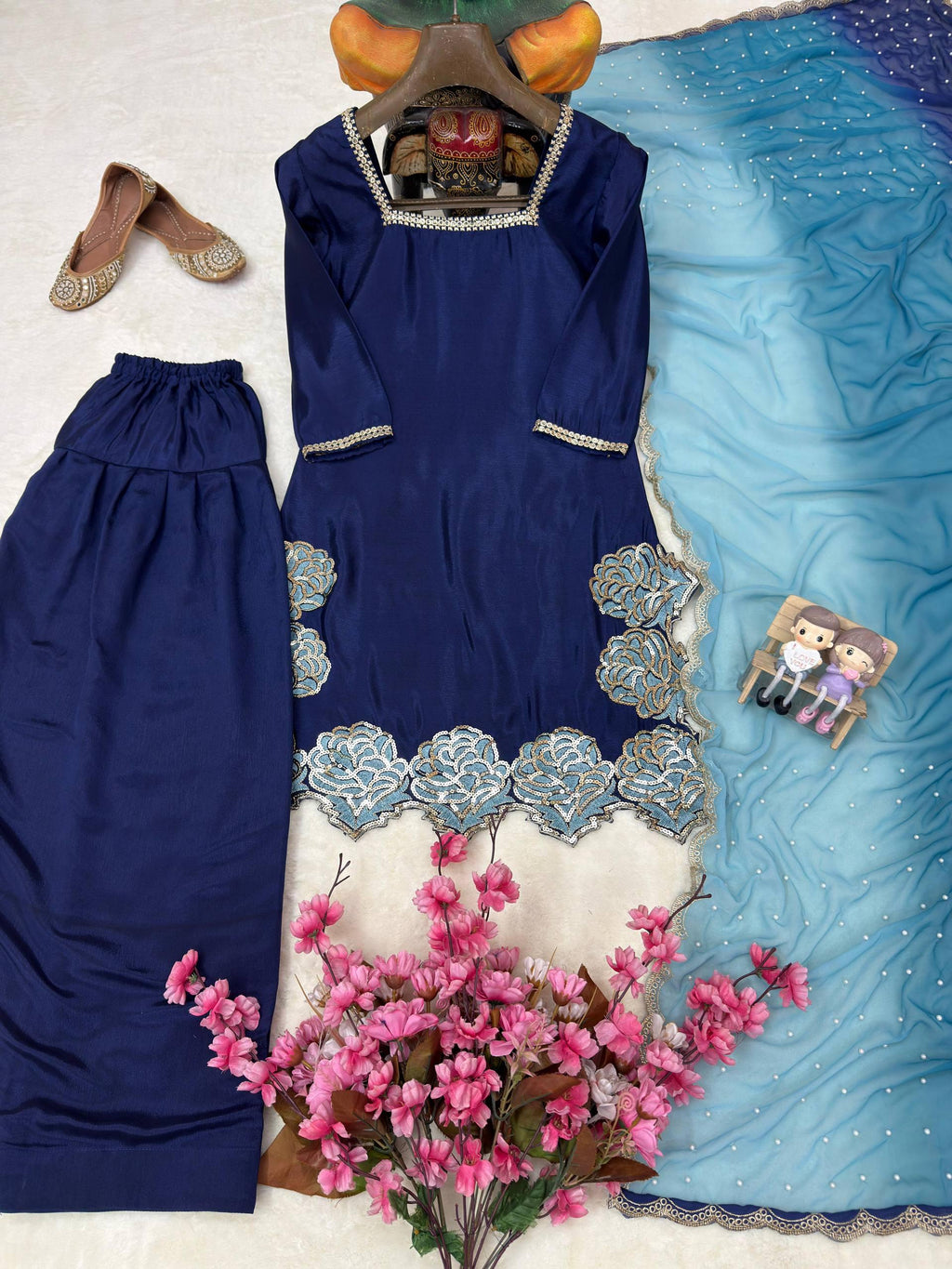 Blue Chinon Silk Farshi Set