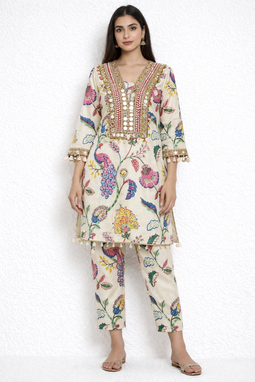 Ivory Peacock Print Co-ord Set with Mirror Work Neckline
