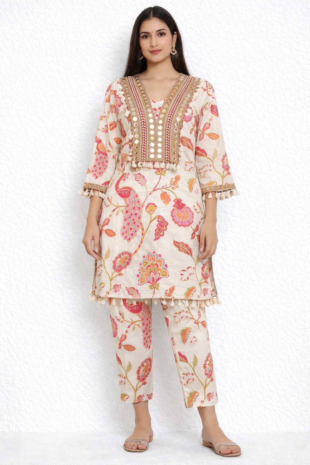 Ivory Peacock Print Co-ord Set with Mirror Work Neckline