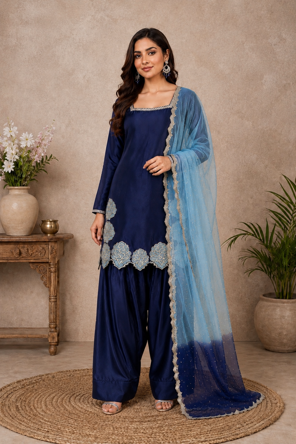 Blue Chinon Silk Farshi Set