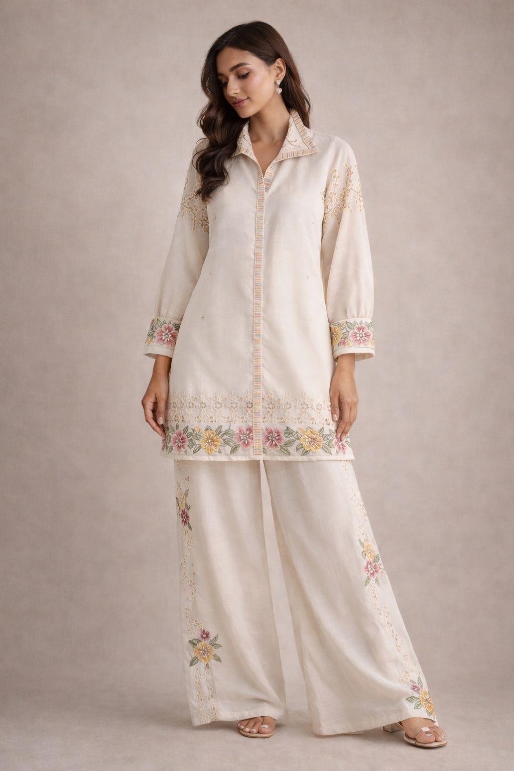Ivory Bloom Chinon Embroidered Co-ord Set
