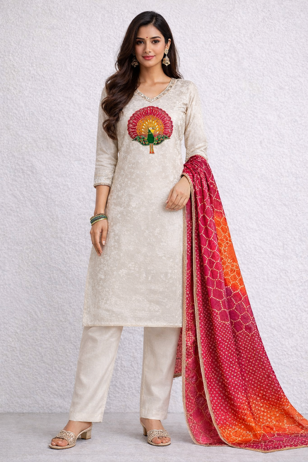 Peacock Self Print Kurta Set