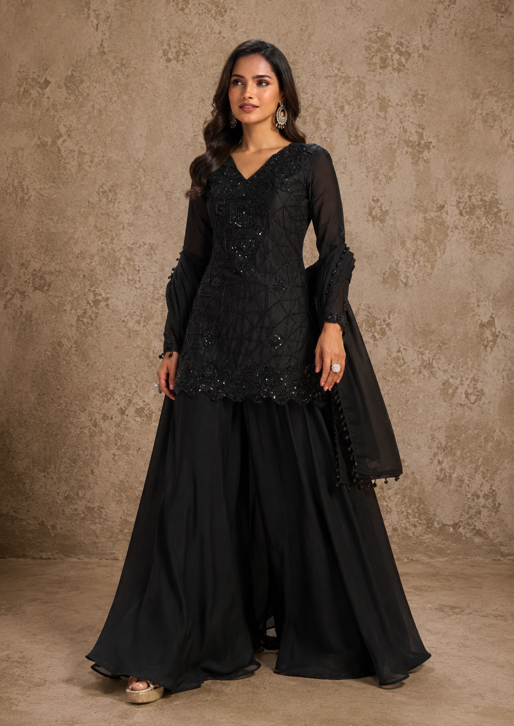 Ziyaa Noir Pure Chinon Sharara Set