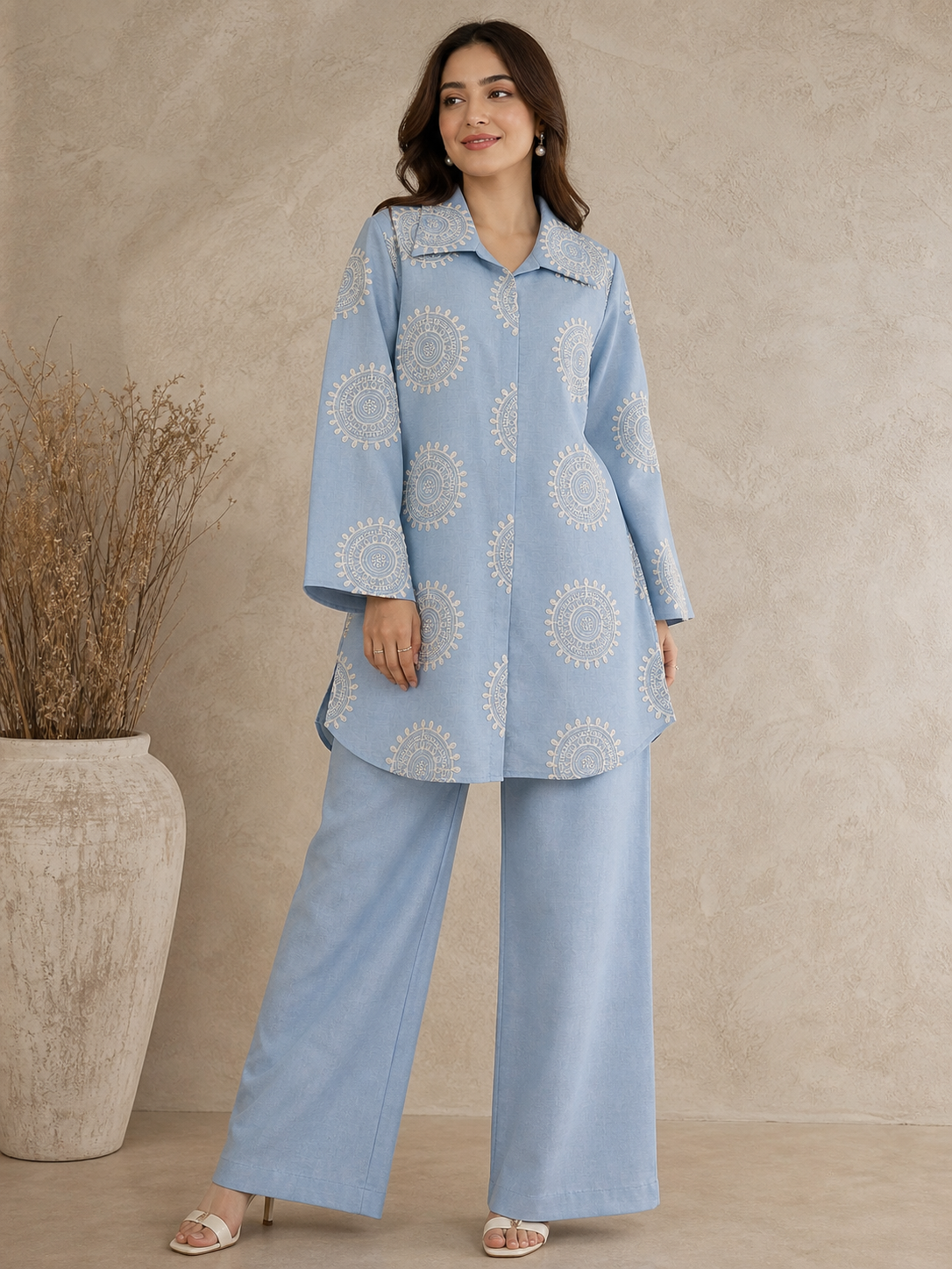 Sky Blue Embroidered Flex Cotton Co-ord Set