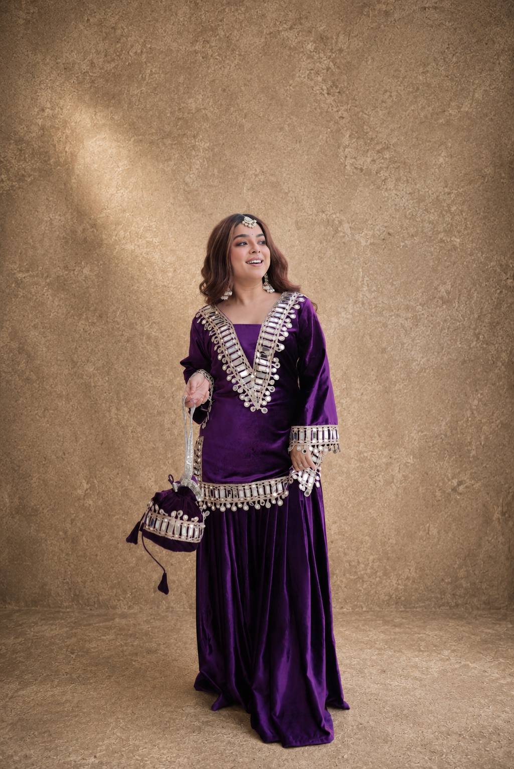 Velvet Mirror Work Co-ord Set – Royal Plum