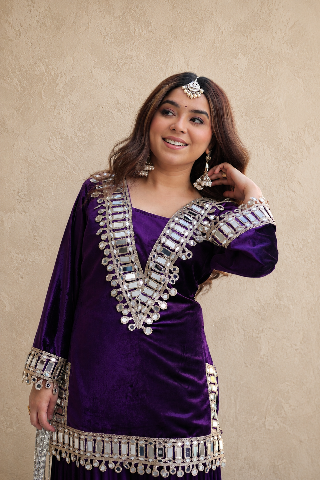 Velvet Mirror Work Co-ord Set – Royal Plum