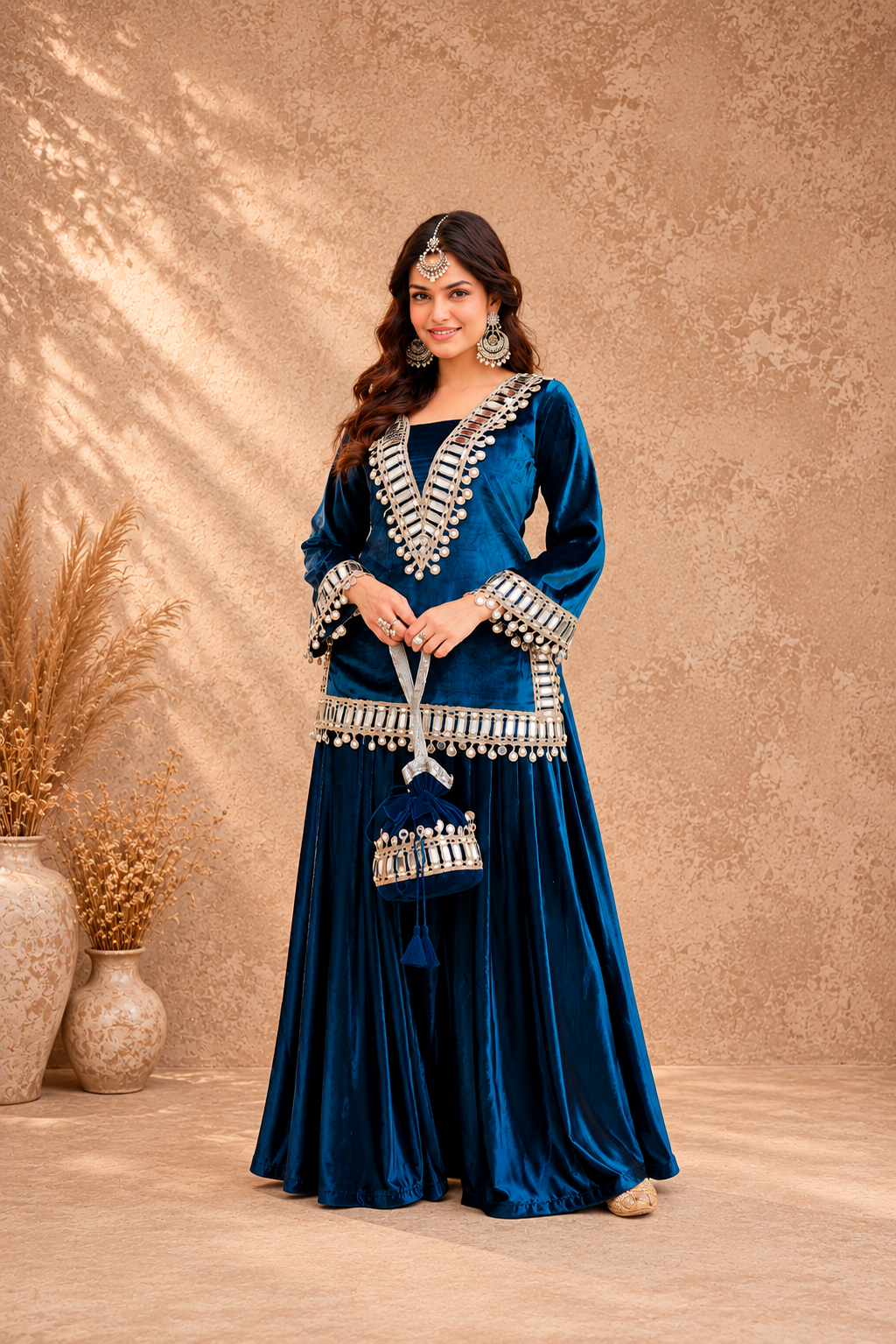 Velvet Mirror Work Co-ord Set – Peacock Teal