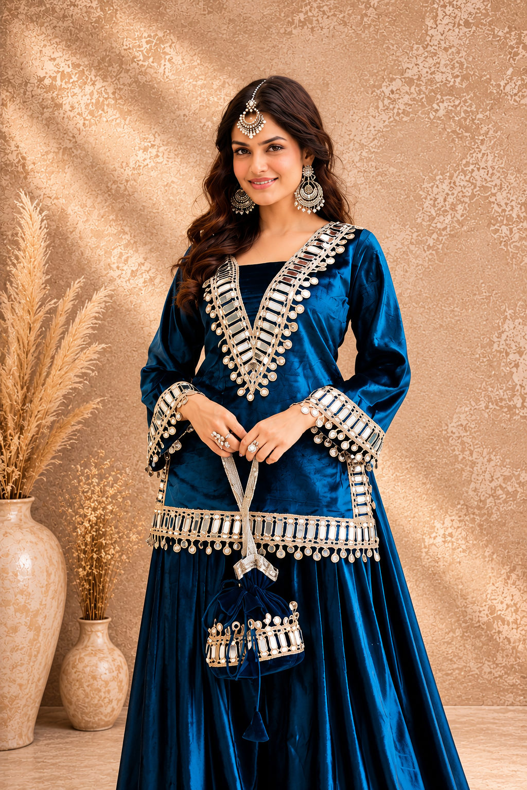 Velvet Mirror Work Co-ord Set – Peacock Teal