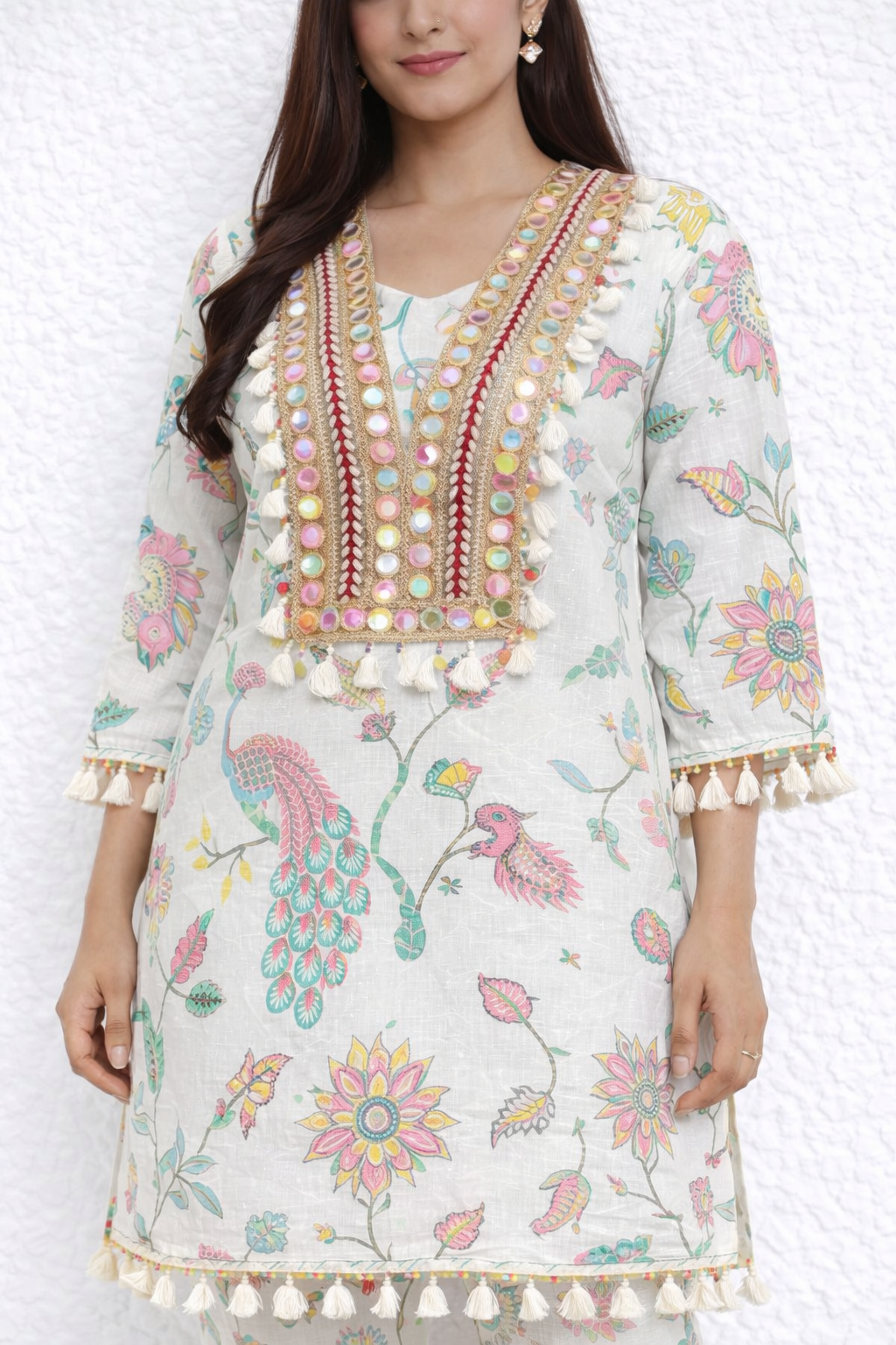 Ivory Peacock Print Co-ord Set with Mirror Work Neckline