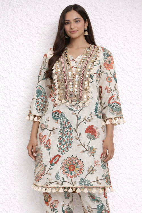 Ivory Peacock Print Co-ord Set with Mirror Work Neckline